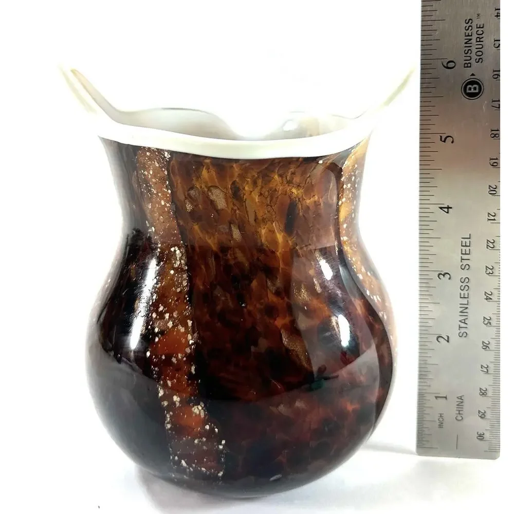 Vintage Art Glass Owl Vase / Planter Brown Tortoise Shell Look 5” Hand Blown